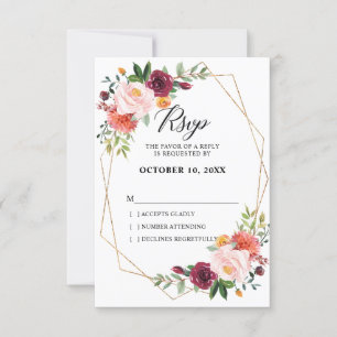 Tarjeta De Confirmación De Asistencia Otoño Borgoña Rubor Floral geométrico Boda