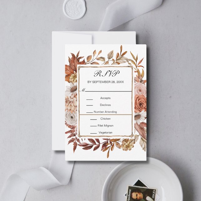Tarjeta De Confirmación De Asistencia Otoño Sale Floral Formal Elegante Boda (Fall Autumn Rust Terracotta Floral Botanical Wedding RSVP card)