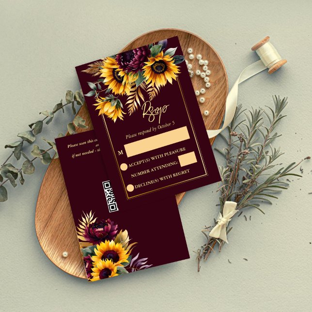 Tarjeta De Confirmación De Asistencia Otoño verano boda burgundy girasoles (Fall summer wedding burgundy sunflowers RSVP card floral RSVP card modern QR rsvp card)