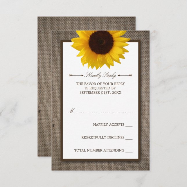 Tarjeta De Confirmación De Asistencia País Rústico Girasol y Boda Burlap (Anverso / Reverso)