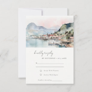 Tarjeta De Confirmación De Asistencia Paisaje Acuarela de Boda en Kauai Hawaii