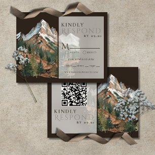 Tarjeta De Confirmación De Asistencia Paisaje montañoso rústico acuarela boda QR