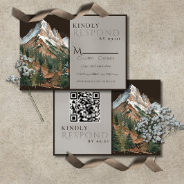Tarjeta De Confirmación De Asistencia Paisaje montañoso rústico acuarela boda QR