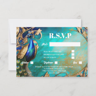 Tarjeta De Confirmación De Asistencia Pájaro de pavo real elegante moda de fondo verde a