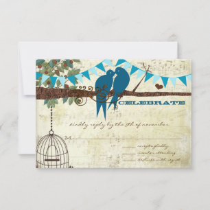 Tarjeta De Confirmación De Asistencia Pájaros de Amor Verde Azul Sentados en un Árbol RS