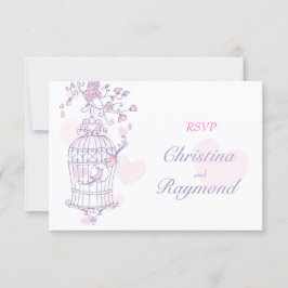 Tarjeta De Confirmación De Asistencia Pájaros púrpura y rosa abrir jaula boda carta de r