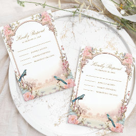 Tarjeta De Confirmación De Asistencia Pájaros románticos se sonrojan de rosa floral boda