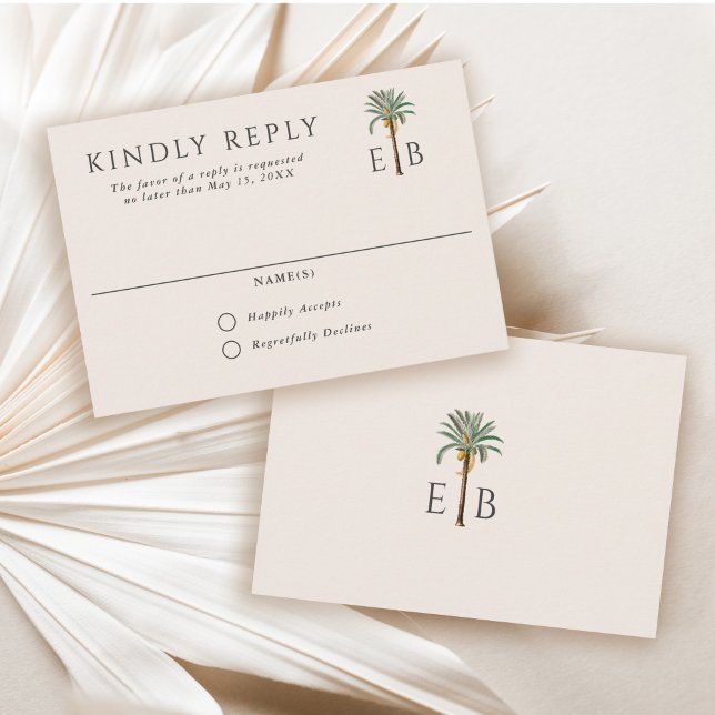 Tarjeta De Confirmación De Asistencia Palm Logo Elegant Tropical Monogram Wedding (Subido por el creador)