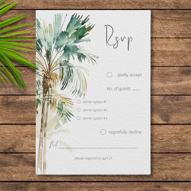 Tarjeta De Confirmación De Asistencia Palm Trees Tropicales Cena Boda moderna (Subido por el creador)