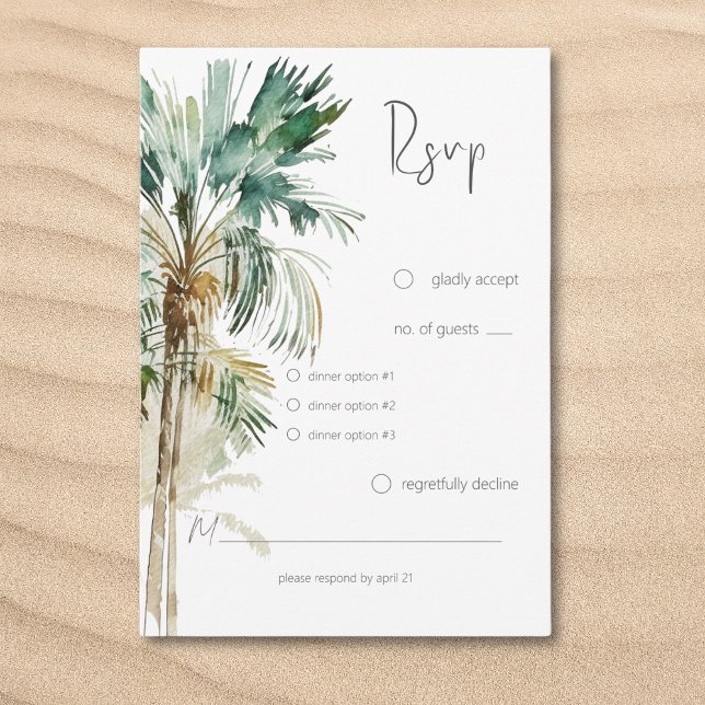 Tarjeta De Confirmación De Asistencia Palm Trees Tropicales Cena Boda moderna (Tropical Palm Trees Modern Wedding Dinner RSVP Card)