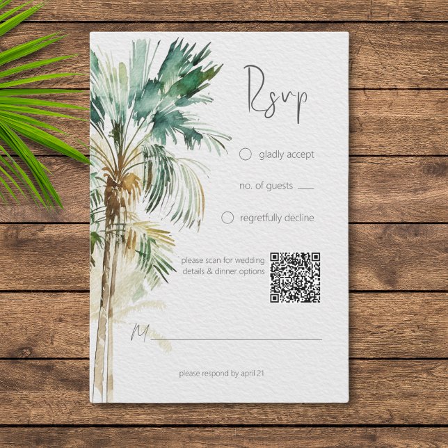 Tarjeta De Confirmación De Asistencia Palm Trees tropicales Código QR Boda moderno (Subido por el creador)