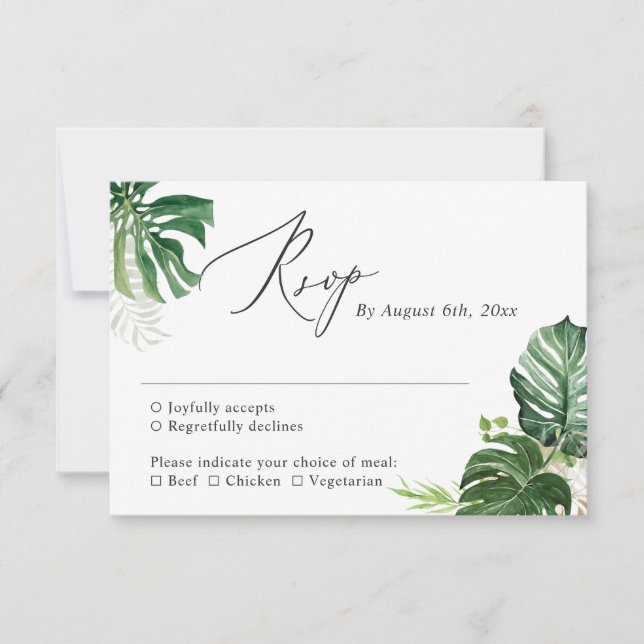 Tarjeta De Confirmación De Asistencia Palm tropical deja Boda veraniego verde (Anverso)