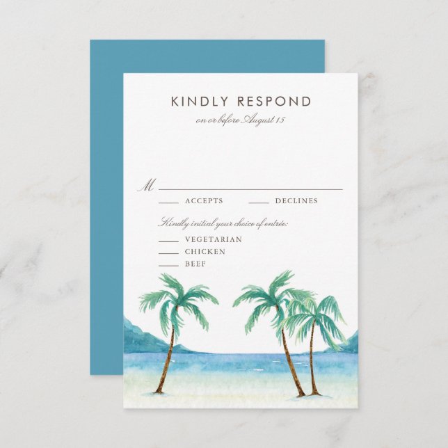 Tarjeta De Confirmación De Asistencia Palmeras acuáticas Boda de playa tropical (Anverso / Reverso)