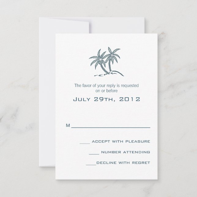 Tarjeta De Confirmación De Asistencia Palmeras gemelas Blue Tropical Beach Wedding (Anverso)