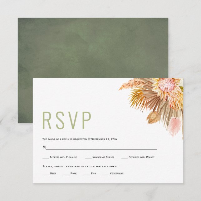 Tarjeta De Confirmación De Asistencia Palmeras secas y pampas boda verde sabio (Anverso / Reverso)