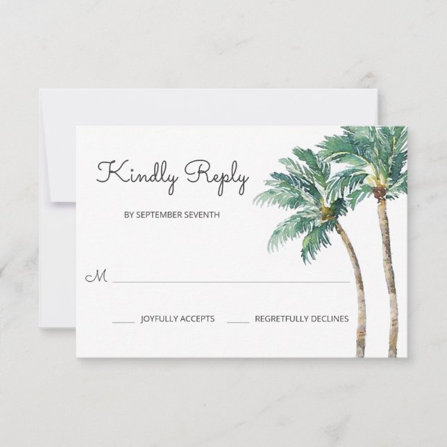 Tarjeta De Confirmación De Asistencia Palmeras Tropicales | Boda acuarela (Anverso)