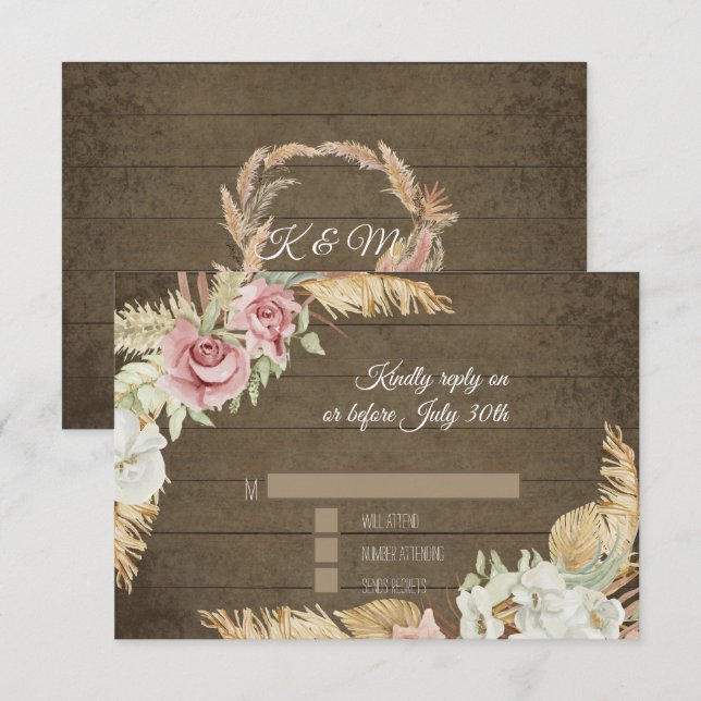 Tarjeta De Confirmación De Asistencia Pampas Grass Palm Pink Floral Rusage (Anverso / Reverso)