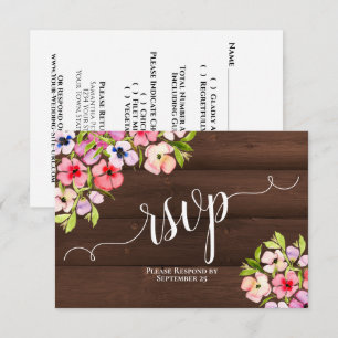 Tarjeta De Confirmación De Asistencia Pansies de Acuarela Rústica en Boda de Madera de G