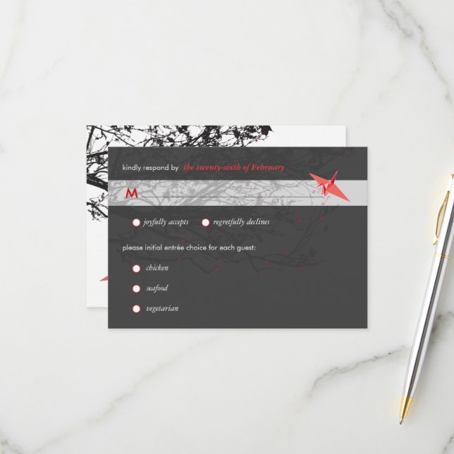 Tarjeta De Confirmación De Asistencia Papel colgante de origami grullas Boda asiática RS (Anverso/Reverso In Situ)