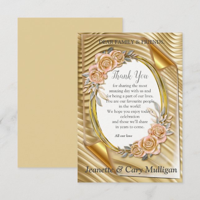 Tarjeta De Confirmación De Asistencia Papel de oro con Rosas elegantes (Anverso / Reverso)