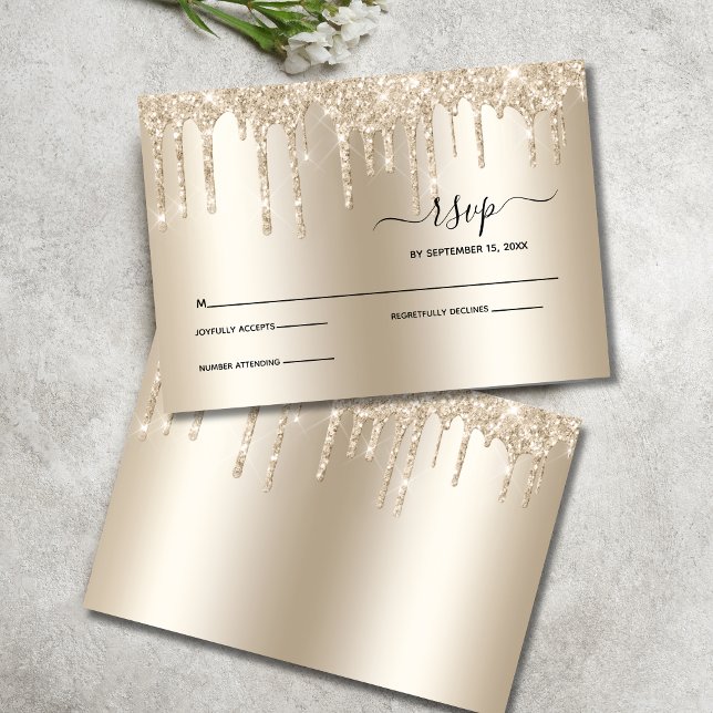 Tarjeta de confirmación de asistencia para boda el (Champagne Dripping Glitter Wedding RSVP card)