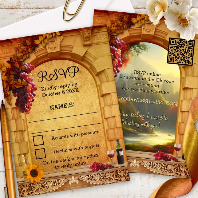 Tarjeta de confirmación de asistencia para bodega  (Classic Italian vineyard or winery RSVP card featuring a Roman arch with grapes and wine - QR code)
