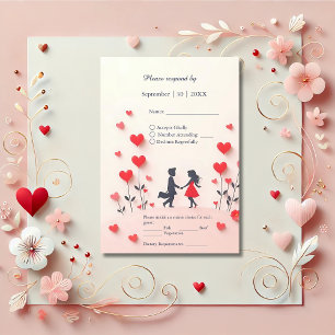 Tarjeta De Confirmación De Asistencia Pareja romántica Silhouette corazones rojos boda