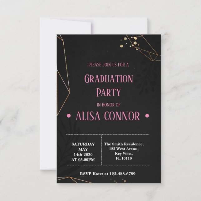 Tarjeta De Confirmación De Asistencia Partido de Graduación Invintation Black and Pink (Anverso)