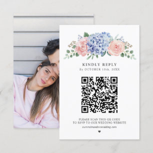 Tarjeta De Confirmación De Asistencia Pastel azul turbio Hidráneas rosas Boda Código QR