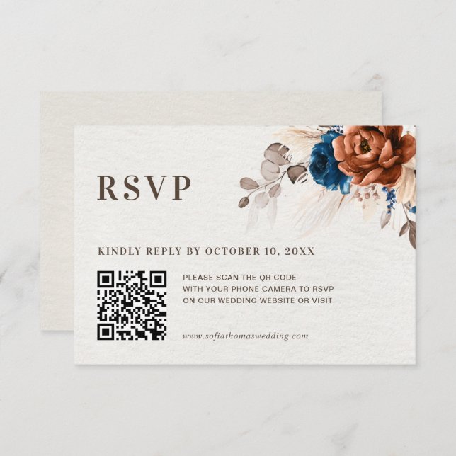 Tarjeta De Confirmación De Asistencia Pastel azul turbio Hidrangea rosa Boda floral QR (Anverso / Reverso)