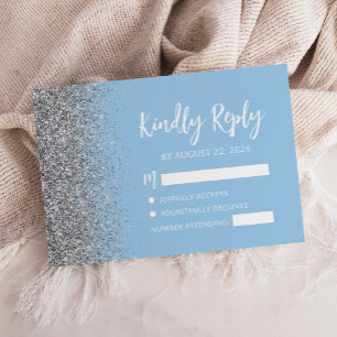 Tarjeta De Confirmación De Asistencia Pastel Baby Azul Borde de Brillo Plateado Script
