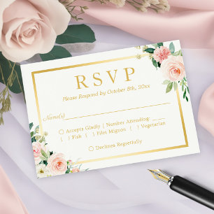 Tarjeta De Confirmación De Asistencia Pastel Blushing Pink Floral Gold Frame