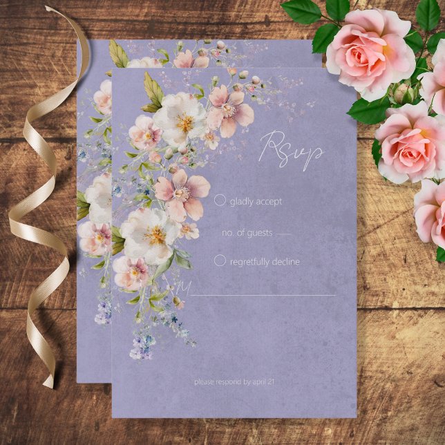 Tarjeta De Confirmación De Asistencia Pastel Floral Moderno Boda Púrpura (Subido por el creador)
