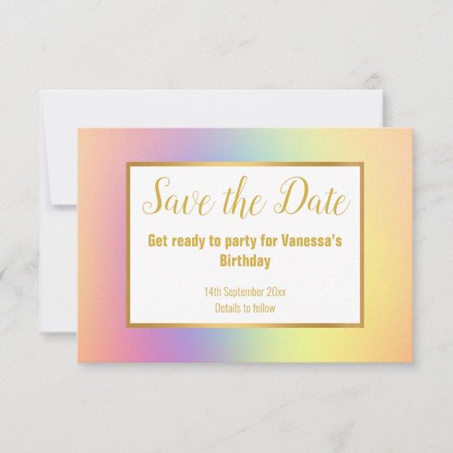 TARJETA DE CONFIRMACIÓN DE ASISTENCIA PASTEL RAINBOW GUARDAR LA FECHA (Anverso)