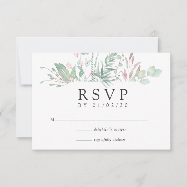 Tarjeta De Confirmación De Asistencia Pastel Rubor Greenery Boda (Anverso)