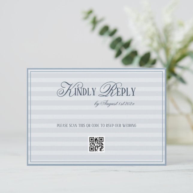 Tarjeta De Confirmación De Asistencia Patel Blue Striped Wedding QR code (Anverso de pie)