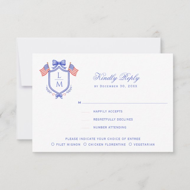 Tarjeta De Confirmación De Asistencia Patriotic Crest with Flags| Monogram Wedding (Anverso)