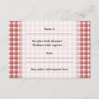 Tarjeta De Confirmación De Asistencia Patrón de comprobación de Gingham. Rojo y blanco.