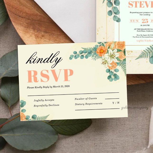 Tarjeta De Confirmación De Asistencia Peach Floral and Eucalyptus Greenery Wedding (Peach Floral and Eucalyptus Greenery Wedding RSVP Card)