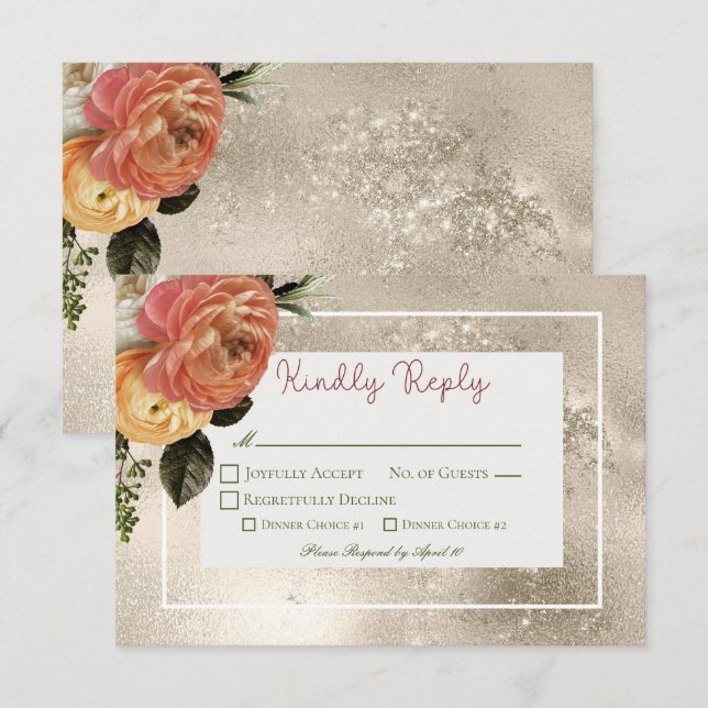 Tarjeta De Confirmación De Asistencia Peach Mimosa Blooms Floral Gold Boda (Anverso / Reverso)