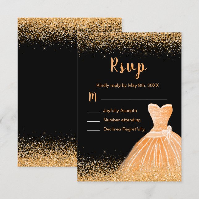 Tarjeta De Confirmación De Asistencia Peach Orange Dress Faux Glitter Quinceanera (Anverso / Reverso)
