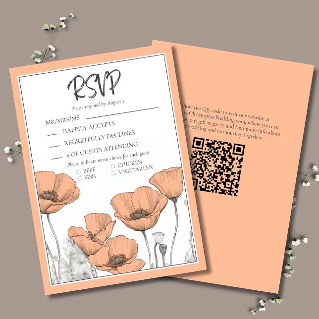 Tarjeta De Confirmación De Asistencia Peach Poppies Floral Elegante Boda moderno (Peach Poppies Elegant Wedding RSVP with menu options and QR code for your wedding website.)