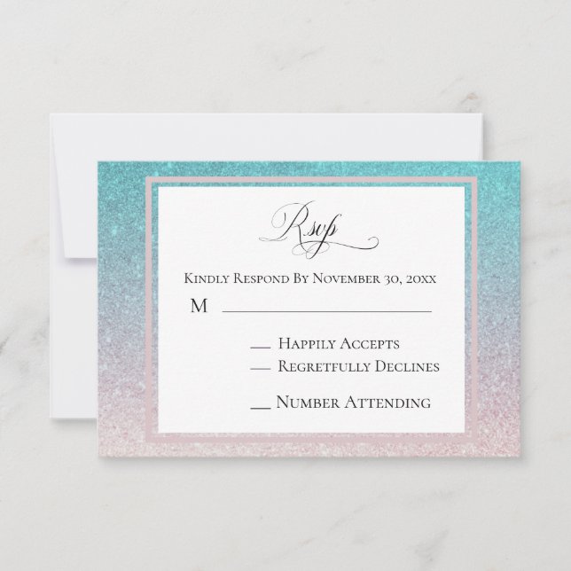 Tarjeta De Confirmación De Asistencia *~* Peach + Purpurina Verde azulado Boda AR4 (Anverso)