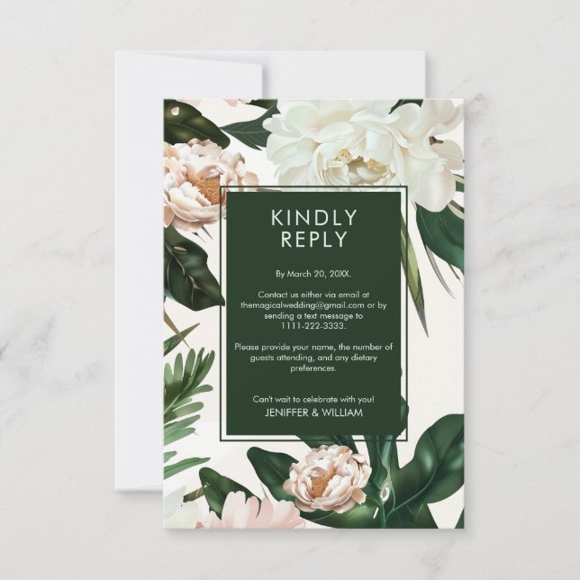 Tarjeta De Confirmación De Asistencia Peach White Peonies and Green Leaves Boda Floral (Anverso)