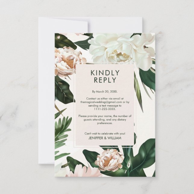 Tarjeta De Confirmación De Asistencia Peach White Peonies and Green Leaves Boda Floral (Anverso)