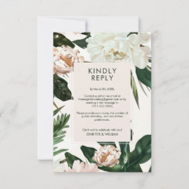 Tarjeta De Confirmación De Asistencia Peach White Peonies and Green Leaves Boda Floral