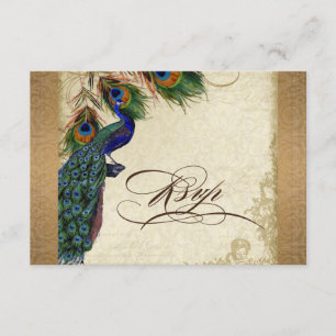 Tarjeta De Confirmación De Asistencia Peacock & Feathers Vintage Gold Look Damask Swirl
