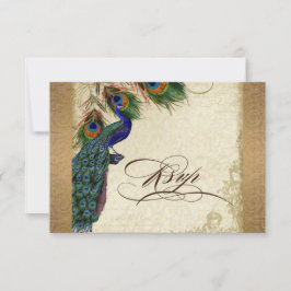 Tarjeta De Confirmación De Asistencia Peacock & Feathers Vintage Gold Look Damask Swirl