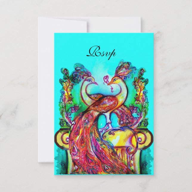 Tarjeta De Confirmación De Asistencia PEACOCKS EN AMOR RSVP,Rojo Aqua Azul Turquesa (Anverso)