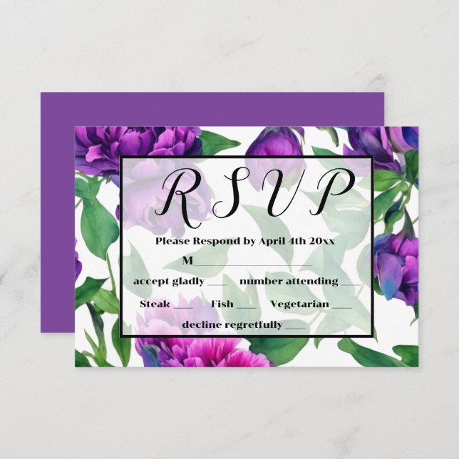 Tarjeta De Confirmación De Asistencia peonías de acuarela rosa con magenta púrpura román (Anverso / Reverso)